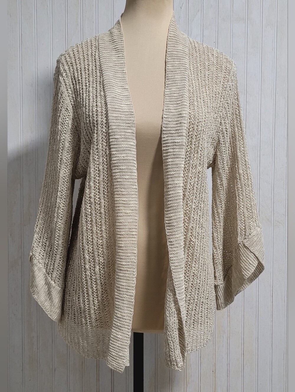 ​Eileen Fisher Linen Cotton Mesh Open Front Cardigan Beige No Tag Fits S